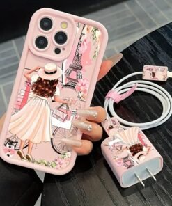 for iphone 13 5pcs Set 1 Pink Girl Anti-Drop Phone Case + 1 Charger Protector + 2 Cable Protectors + 1 Cable Tie, Compatible with