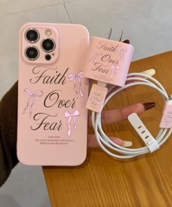 5-Piece Set Pink Letter Bow Cube Phone Case + 1 Charger Case + 2 Cable Protectors + 1 Cable Tie, Compatible with iPhone 16